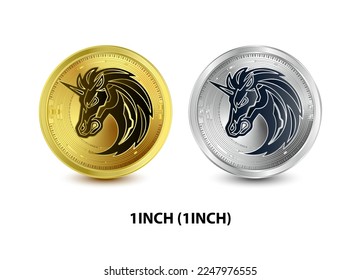 Set of Gold and Silver coin 1inch (1INCH) 3D Vector illustration. Digital currency. Cryptocurrency Golden coins symbol isolated on white background. isometric Physical coins.  Digital money concept. svg