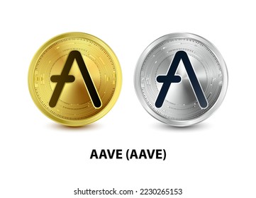 Set of Gold and Silver coin Aave (AAVE) 3D Vector illustration. Digital currency. Cryptocurrency Golden coins symbol isolated on white background. isometric Physical coins.  Digital money concept.