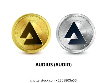 Juego de ilustración de la moneda de oro y plata Audius (AUDIO) 3D Vector. Moneda digital. Criptomoneda Símbolo de monedas de oro aislado en fondo blanco. monedas físicas isométricas.  Concepto de dinero digital.
