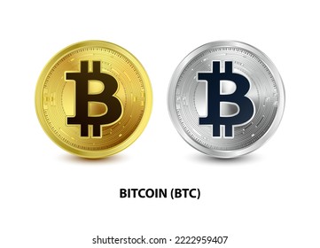 Set of Gold and Silver coin Bitcoin (BTC) 3D Vector illustration. Digital currency. Cryptocurrency Golden coins symbol isolated on white background. isometric Physical coins.  Digital money concept.