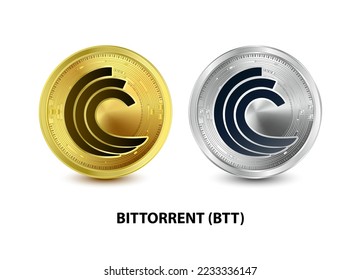 Set of Gold and Silver coin BitTorrent (BTT) 3D Vector illustration. Digital currency. Cryptocurrency Golden coins symbol isolated on white background. isometric Physical coins.  Digital money concept