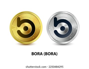 Set of Gold and Silver coin BORA (BORA) 3D Vector illustration. Digital currency. Cryptocurrency Golden coins symbol isolated on white background. isometric Physical coins.  Digital money concept.