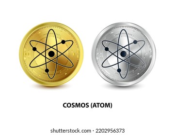 Set of Gold and Silver coin Cosmos Hub (ATOM) 3D Vector illustration Digital currency. Cryptocurrency Golden coins symbol isolated on white background. isometric Physical coins.  Digital money concept