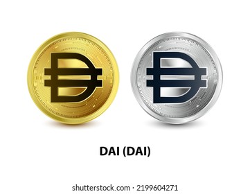 Juego de ilustraciones de la moneda de oro y plata Dai (DAI) 3D Vector. Moneda digital. Criptomoneda Símbolo de monedas de oro aislado en fondo blanco. monedas físicas isométricas.  Concepto de dinero digital.