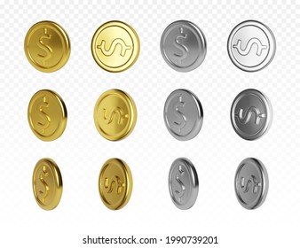 Set of gold and silver coin with dollar symbol. Render of rotation metallic money. Vector illustration