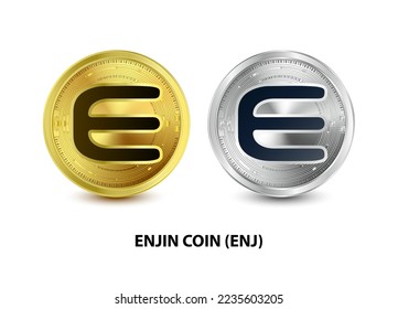 Juego de ilustración de vectores 3D de la moneda de oro y plata Enjin Coin (ENJ). Moneda digital. Criptomoneda Símbolo de monedas de oro aislado en fondo blanco. monedas físicas isométricas.  Concepto de dinero digital