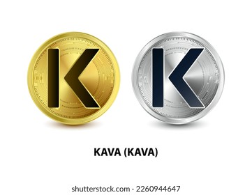 Juego de ilustraciones del vector 3D de la moneda de oro y plata Kava (KAVA). Moneda digital. Criptomoneda Símbolo de monedas de oro aislado en fondo blanco. monedas físicas isométricas.  Concepto de dinero digital.