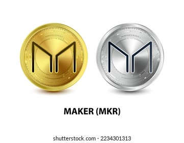 Set of Gold and Silver coin Maker (MKR) 3D Vector illustration. Digital currency. Cryptocurrency Golden coins symbol isolated on white background. isometric Physical coins.  Digital money concept.