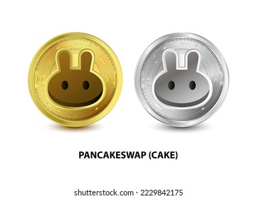 Set of Gold and Silver coin PancakeSwap (CAKE) 3D Vector illustration. Digital currency. Cryptocurrency Golden coins symbol isolated on white background. isometric Physical coins.  Digital money.