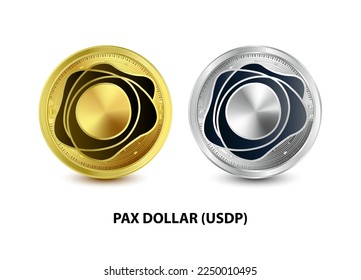 Set of Gold and Silver coin Pax Dollar (USDP) 3D Vector illustration. Digital currency Cryptocurrency Golden coins symbol isolated on white background. isometric Physical coins.  Digital money concept