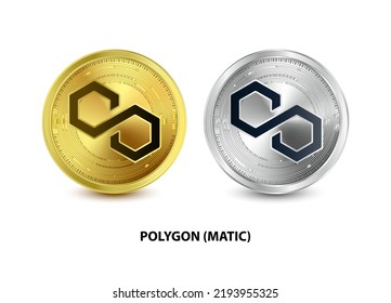 Juego de ilustraciones del Vector 3D de la moneda de oro y plata Polygon (MATIC). Moneda digital. Criptomoneda Símbolo de monedas de oro aislado en fondo blanco. monedas físicas isométricas.  Concepto de dinero digital.