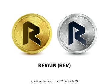 Juego de ilustraciones del vector 3D de monedas Gold y Silver Revain (REV). Moneda digital. Criptomoneda Símbolo de monedas de oro aislado en fondo blanco. monedas físicas isométricas.  Concepto de dinero digital.