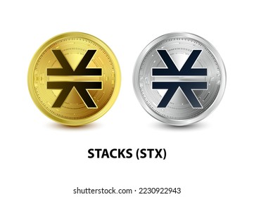 Set aus Gold- und Silbermünzstapeln (STX) 3D-Vektorgrafik. Digitale Währung. Kryptowährung Goldene Münzen Symbol einzeln auf weißem Hintergrund. isometrische physische Münzen.  Konzept für digitales Geld.