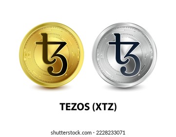 Set of Gold and Silver coin Tezos (XTZ) 3D Vector illustration. Digital currency. Cryptocurrency Golden coins symbol isolated on white background. isometric Physical coins.  Digital money concept.