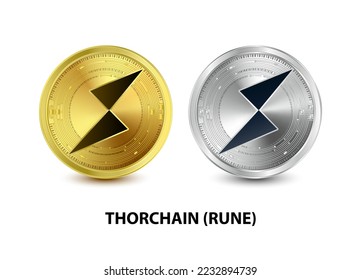 Set of Gold and Silver coin THORChain (RUNE) 3D Vector illustration. Digital currency. Cryptocurrency Golden coins symbol isolated on white background. isometric Physical coins.  Digital money concept