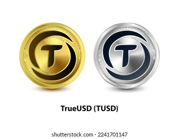 Juego de ilustraciones de vectores 3D TrueUSD (TUSD) con moneda de oro y plata. Moneda digital. Criptomoneda Símbolo de monedas de oro aislado en fondo blanco. monedas físicas isométricas.  Concepto de dinero digital.