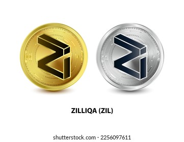 Set of Gold and Silver coin Zilliqa (ZIL) 3D Vector illustration. Digital currency. Cryptocurrency Golden coins symbol isolated on white background. isometric Physical coins.  Digital money concept.