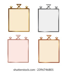 Set of gold, silver, copper, bronze, vertical game frame in medieval, vintage style. Vector illustration on white background.