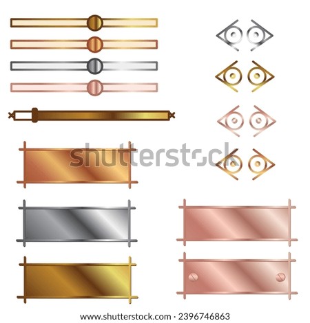 Set of gold, silver, copper, bronze, game frame, buttoms in medieval, vintage style. Vector illustration on white background.