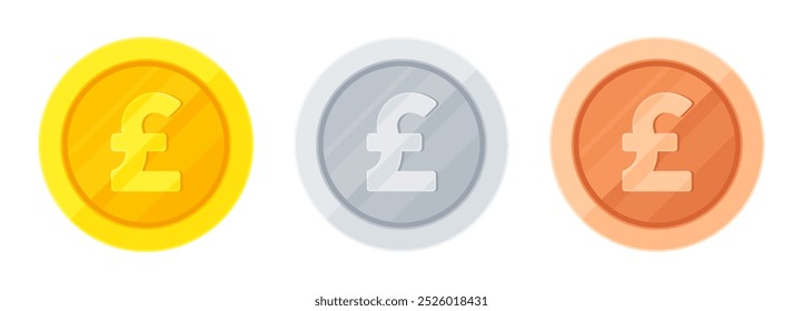 Conjunto de monedas de oro, plata y cobre con signo de libra británica. Economía, finanzas, inversión, beneficio, dinero, concepto de moneda esterlina. Ilustración vectorial plana aislada sobre fondo blanco