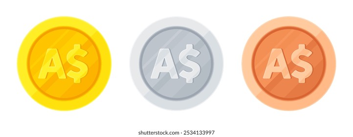 Conjunto de monedas de oro, plata y cobre con signo de dólar australiano. Economía, finanzas, inversión, beneficio, dinero, concepto de moneda australiana (AUD). Ilustración vectorial plana aislada sobre fondo blanco