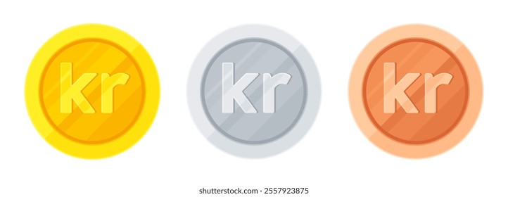 Set of gold, silver and copper coins with Swedish krona (SEK), Norwegian krone (NOK), Danish krone (DKK). Economy, finance, money, KR currency. Flat vector illustration isolated on white background