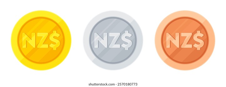 Set of gold, silver and copper coins with New Zealand dollar ($, NZ$). Economy, finance, investment, profit, money, NZD currency concept. Flat vector illustration isolated on white background