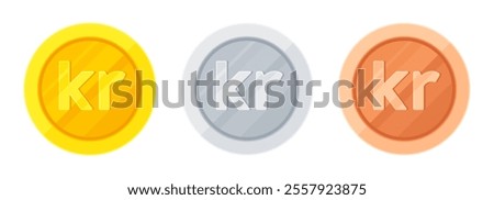 Set of gold, silver and copper coins with Swedish krona (SEK), Norwegian krone (NOK), Danish krone (DKK). Economy, finance, money, KR currency. Flat vector illustration isolated on white background