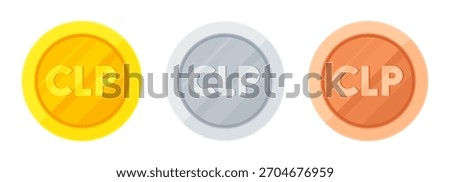 Set of gold, silver and copper coins with Chilean peso sign ($). Economy, finance, investment, profit, money, CLP currency concept. Flat vector illustration isolated on white background