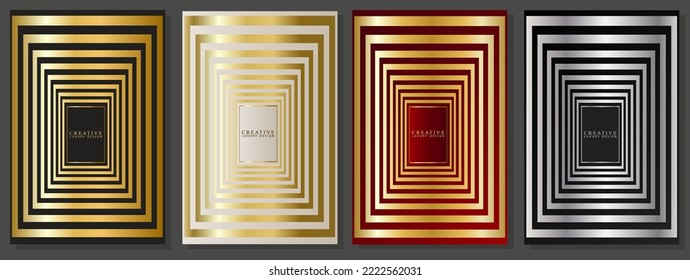 Set of gold and silver covers. Geometric pattern, composition of rectangles on a black, platinum and red background.