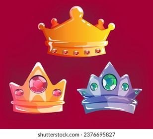 Set Gold and Silver Crowns. Crowning headdress for king and queen. Royal golden noble aristocrat monarchy red and Green jewel crowns. Monarch jewels royalty luxury coronation cartoon vector isolated