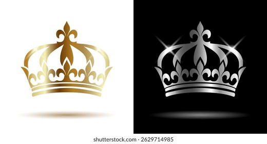 Set of gold and silver crowns. Realistic royal crown in two variants. Quality guarantee sign, Element of packaging design, vip cards, certificates, diplomas. Vector illustration.
