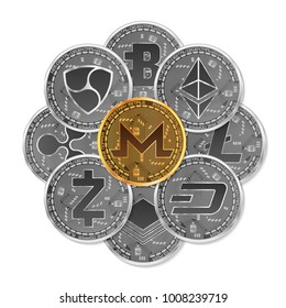 Set of gold and silver crypto currencies with golden monero coin in front of other crypto currencies as leader isolated on white background. Vector illustration. Use for logos, print products
