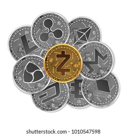 Set of gold and silver crypto currencies with golden zcash coin in front of other crypto currencies as leader isolated on white background. Vector illustration. Use for logos, print products