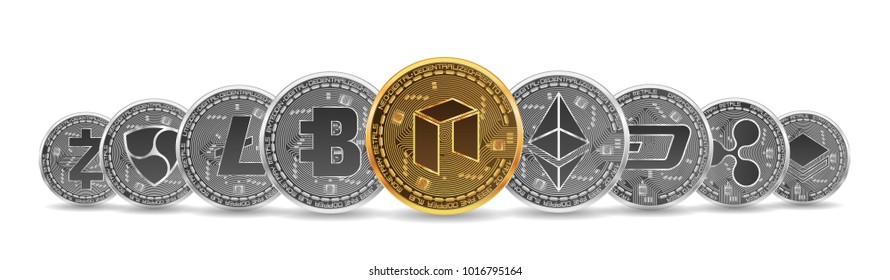 Set of gold and silver crypto currencies with golden neo in front of other crypto currencies as leader isolated on white background. Vector illustration. Use for logos, print products