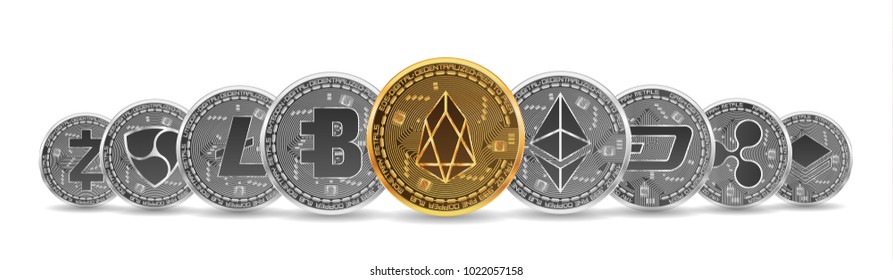 Set of gold and silver crypto currencies with golden eos in front of other crypto currencies as leader isolated on white background. Vector illustration. Use for logos, print products