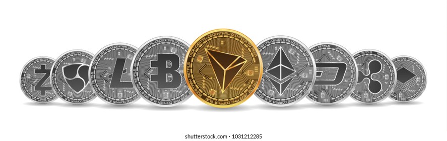 Set of gold and silver crypto currencies with golden tron in front of other crypto currencies as leader isolated on white background. Vector illustration. Use for logos, print products