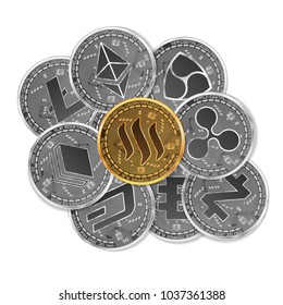 Set of gold and silver crypto currencies with golden steem in front of other crypto currencies as leader isolated on white background. Vector illustration. Use for logos, print products