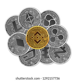 Set of gold and silver crypto currencies with golden binance in front of other crypto currencies as leader isolated on white background. Vector illustration. Use for logos, print products