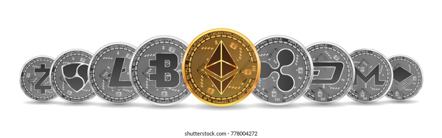 Set of gold and silver crypto currencies with golden ethereum in front of other crypto currencies as leader isolated on white background. Vector illustration. Use for logos, print products