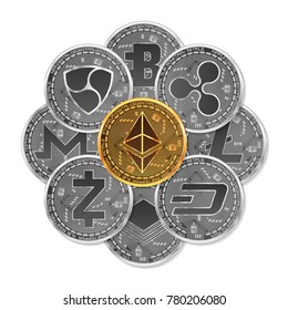 Set of gold and silver crypto currencies with golden ethereum in front of other crypto currencies as leader isolated on white background. Vector illustration. Use for logos, print products