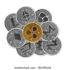 Set of gold and silver crypto currencies with golden ripple in front of other crypto currencies as leader isolated on white background. Vector illustration. Use for logos, print products