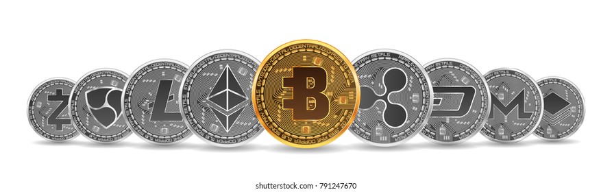 Set of gold and silver crypto currencies with golden bytecoin in front of other crypto currencies as leader isolated on white background. Vector illustration. Use for logos, print products