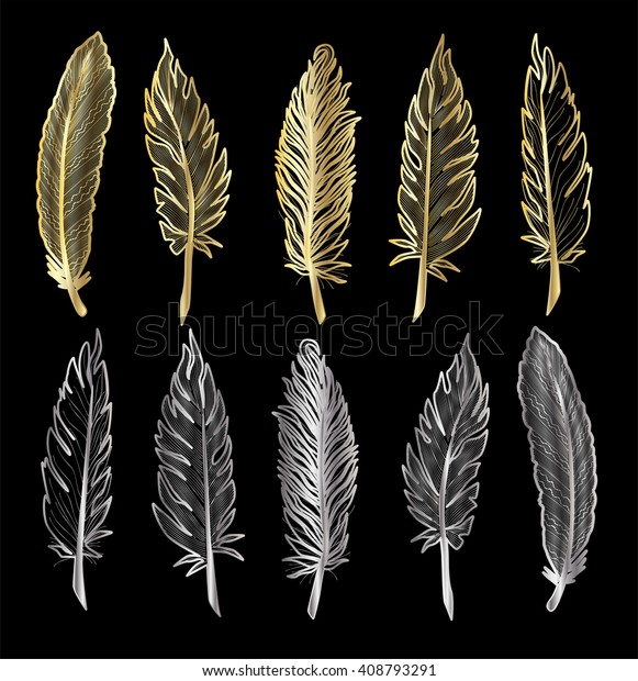 Set of gold and silver feather. Vector illustration. EPS 10.