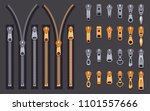 Set of gold and silver metallic closed and open zippers and pullers realistic set isolated on black background vector illustration