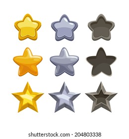 Set of gold, silver and non-active cartoon stars, elements for game. Isolated vector on the white background.