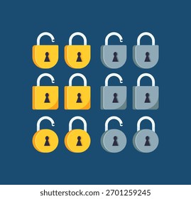 Set of gold and silver padlock icons. Open and closed lock symbols for security, data protection, and privacy vector