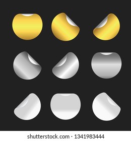 Set of gold, silver and paper empty stickers. Vector illustration on dark background