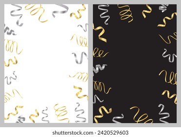 Set of gold and silver party streamers confetti poster vector templates