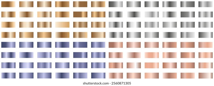 Set gold silver platinum luxury foil texture Gradient. Collection deja vu blue Chrome Gradient example isolated white background. Vector template design for border, frame ribbon 